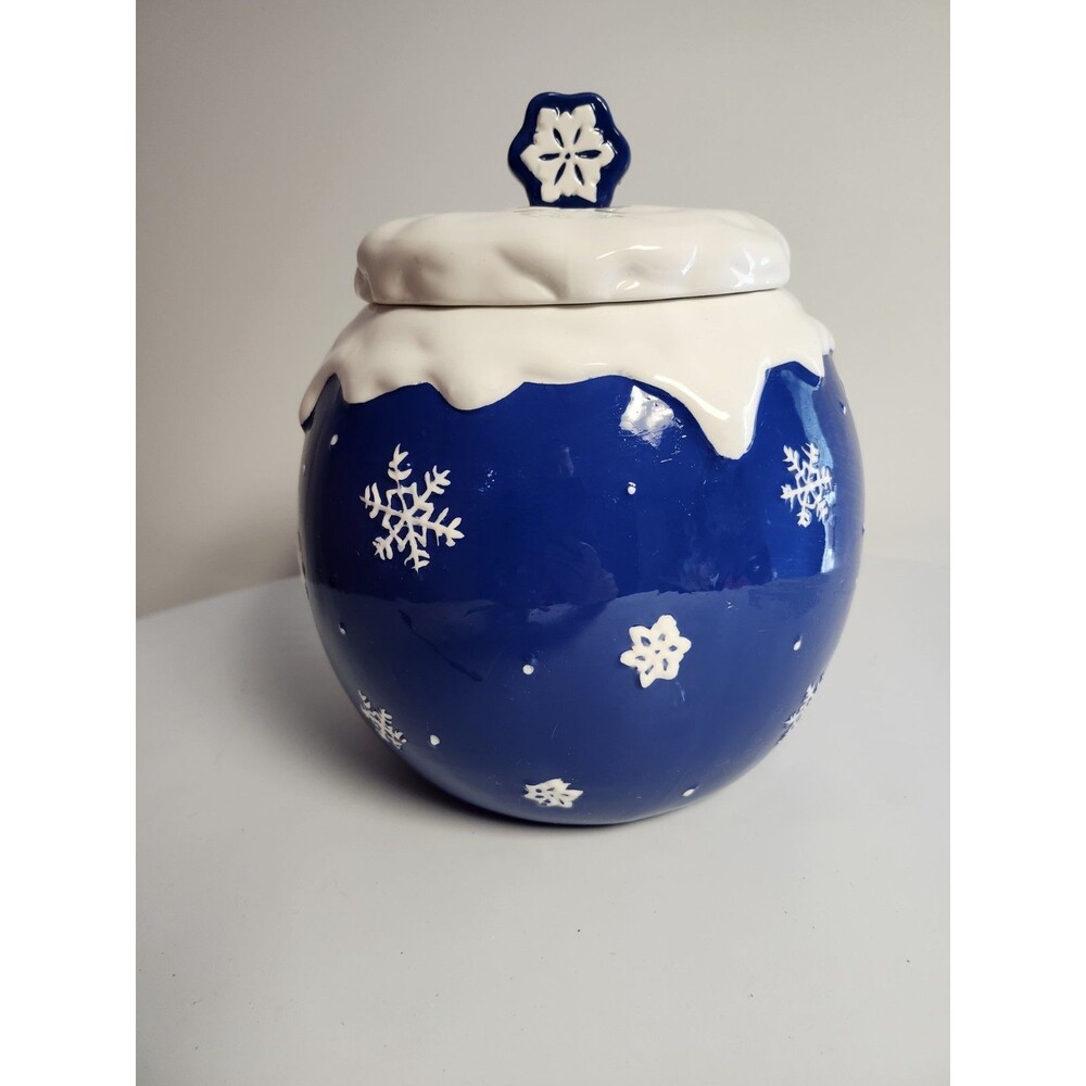 Blue and White Ceramic Winter Holiday Snowflake Cookie Jar Approx 10”x7”